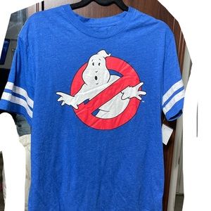 Bright blue graphic Tee.